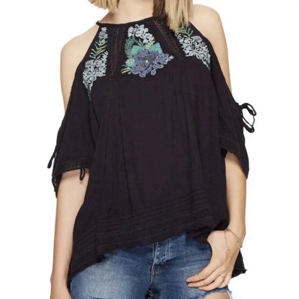 Free People Fast Times Blue Flowy Top Sz XS Scoop Back Boho Hippie Embroidered - Picture 2 of 13
